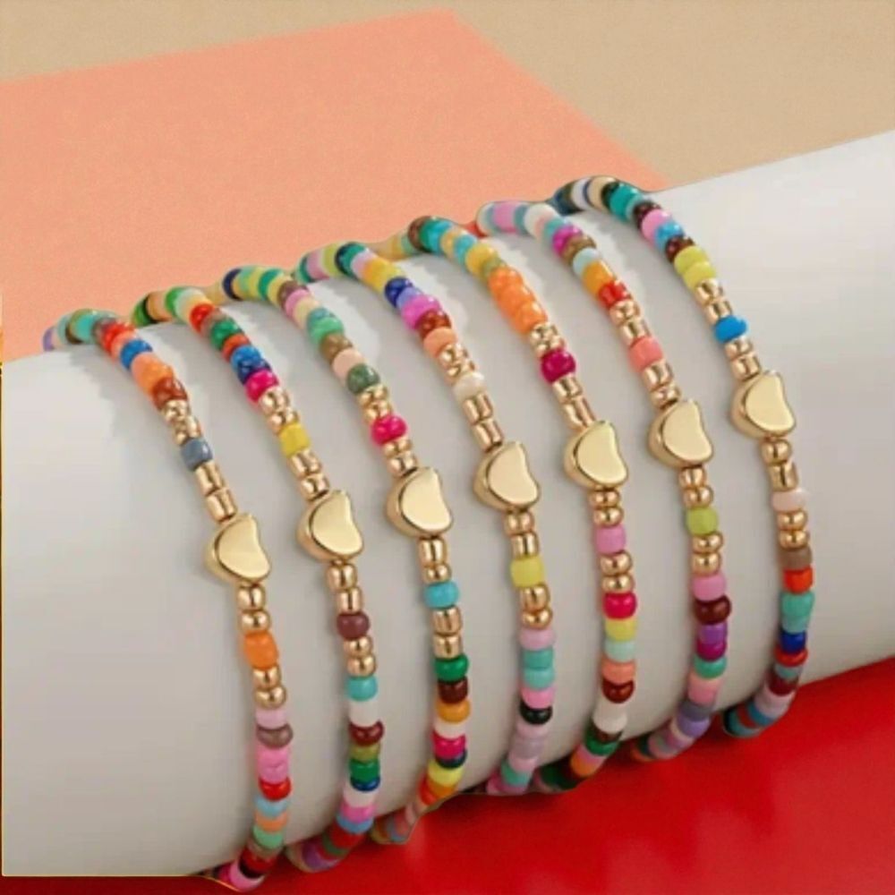 Colorful Beaded Bracelet 7pc Set with Gold Accents
